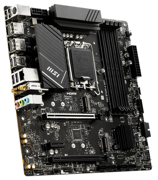 

Материнская плата mATX MSI PRO B760M-A WIFI (LGA1700, B760, 4*DDR5, 4*SATA, 2*PCIe, 2*M.2, WiFi, BT, 2*USB 2.0, 4*USB 3.2, 2*HDMI, 2*DP), PRO B760M-A WIFI