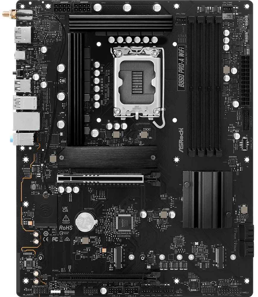 

Материнская плата ATX ASRock B860 PRO-A WIFI (LGA1851, B860, 4*DDR5 (8666), 2*PCIe, 3*M.2, 4*SATA, WiFi, BT 6*USB 3.2, 2*USB 2.0, HDMI, DP), B860 PRO-A WIFI