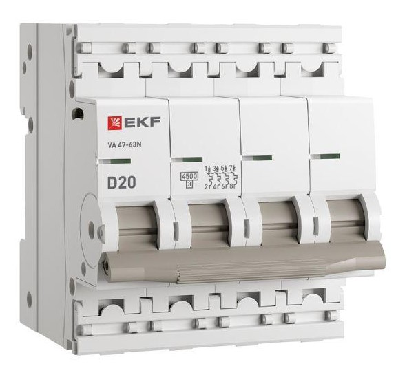 

Автоматический выключатель EKF M634420D 4P 20А (D) 4,5kA ВА 47-63N PROxima, M634420D