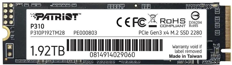 

Накопитель SSD M.2 2280 Patriot Memory P310 1.92TB, 2100/1800MB/s, 280K/250K IOPS, TBW 960, P310