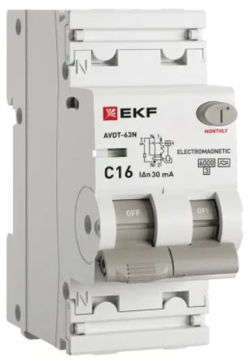 Изображение товара Автомат EKF PROxima D63N26MA16C30 2Полюса 16A с током утечки 30мА