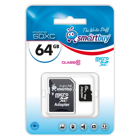 

Карта памяти 64GB SmartBuy SB64GBSDCL10-01 MicroSDXC Class 10 (SD адаптер), SB64GBSDCL10-01