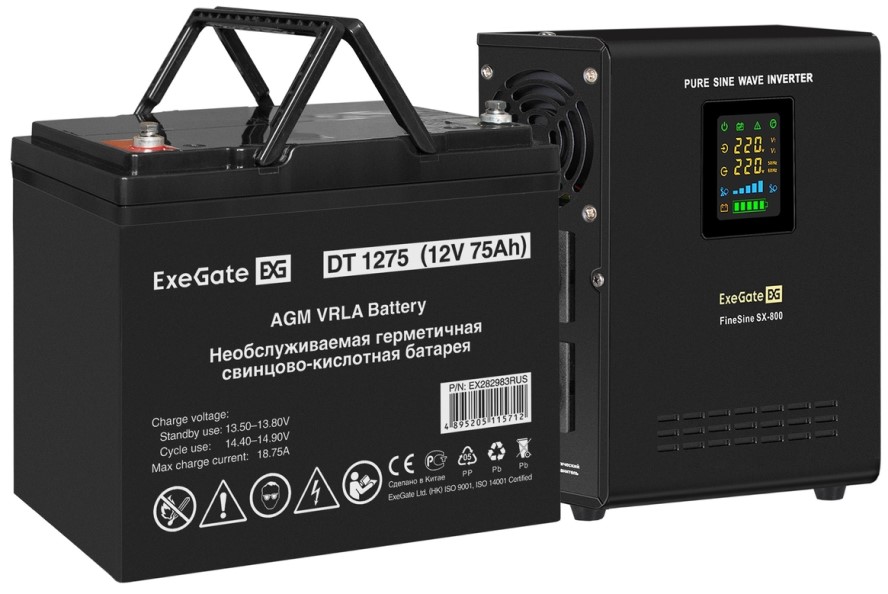 

Комплект Exegate FineSine SX-800.LCD.AVR.2SH EX296527RUS ИБП EX295996RUS + батарея 75Aч EX282983RUS 1шт (инвертор, синус, для котла, настенный), 800VA, FineSine SX-800.LCD.AVR.2SH