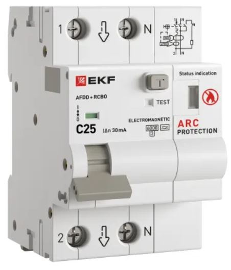 Изображение товара Устройство защиты от дугового пробоя EKF afdd-rcbo-2-25C-30em-pro для жилых и общественных зданий
