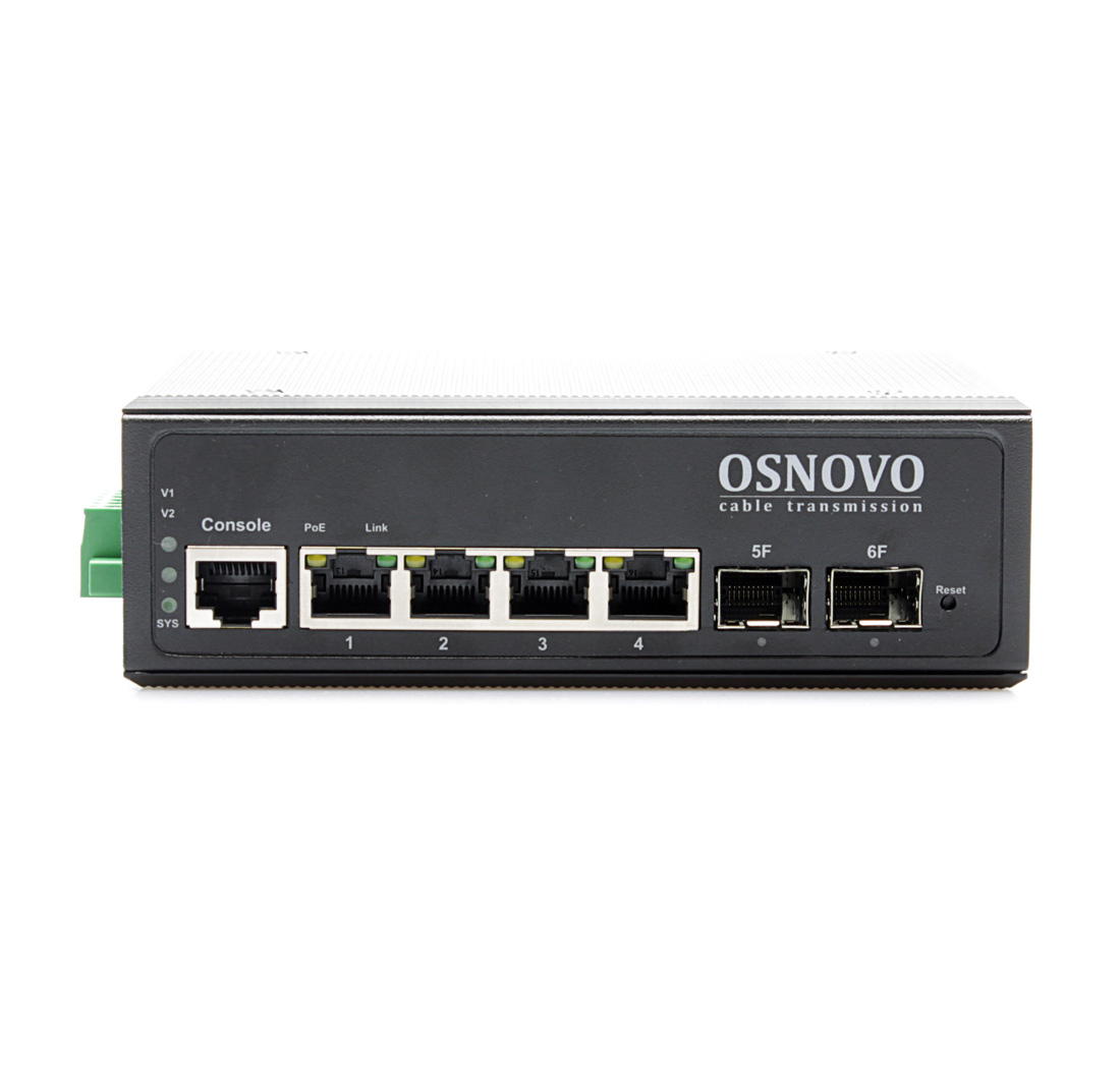 

Коммутатор OSNOVO SW-80402/IL промышленный управляемый (L2+) PoE Gigabit Ethernet на 6 портов. Порты: 4 x GE (10/100/1000Base-T) с PoE (до 30W) + 2 x, SW-80402/IL