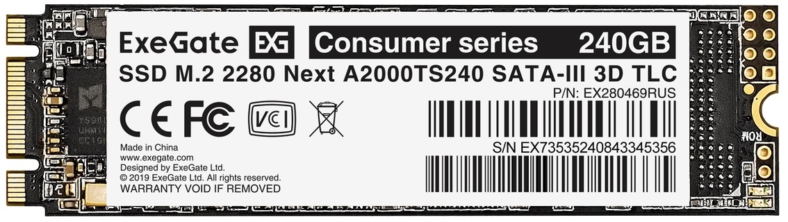

Накопитель SSD M.2 2280 Exegate Next A2000TS240 EX280469RUS 240GB 558/490MB/s 3D TLC 100 TBW MTBF 1.8M, Next A2000TS240
