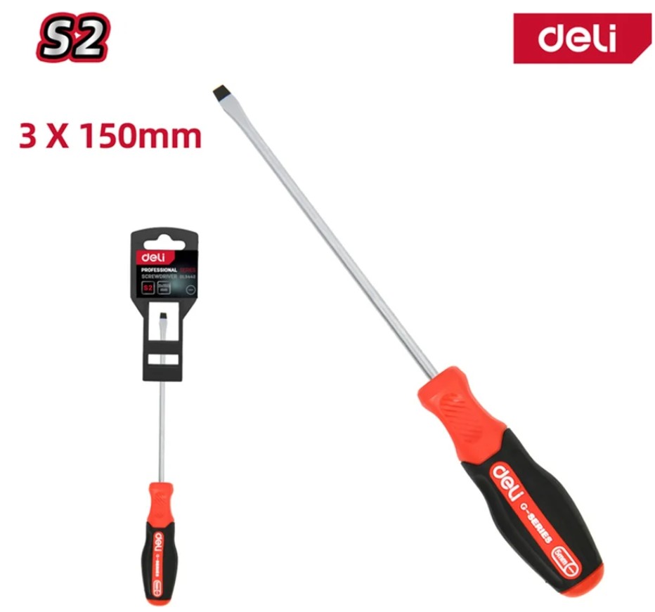 

Отвертка шлицевая Deli DL3442 SL3x150мм сталь S2, матовый стержень, двухкомпонентная прорезиненная рукоять, DL3442