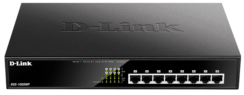 

Коммутатор PoE D-link DGS-1008MP/B1A 8x 10/100/1000Base-T PoE 802.3af/802.3at(30 Вт, PoE‑бюджет 125 Вт), функцией энергосбережения и поддержкой QoS, DGS-1008MP/B1A