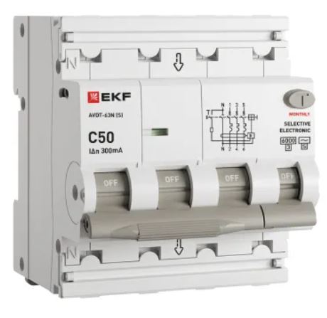 

Автомат дифференциальный EKF D63N46ES50C300 АВДТ-63N 3P+N (S) 50А характеристика C 300мА тип AC электронный селективный 6кА PROXIMA, D63N46ES50C300