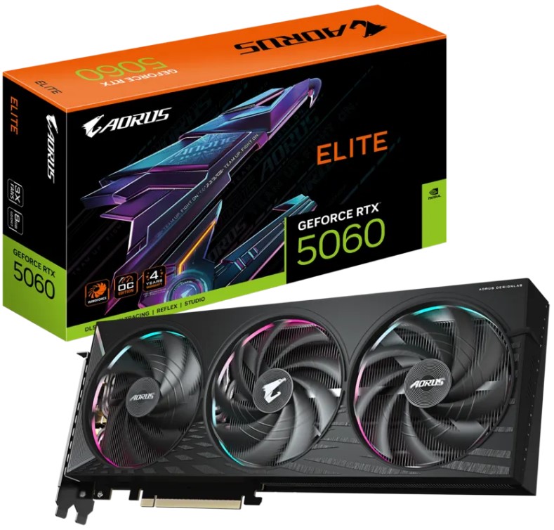 

Видеокарта PCI-E GIGABYTE GeForce RTX 5060 AORUS E (GV-N5060AORUS E-8GD) 8GB GDDR7 128bit 2722/28000MHz HDMI, GeForce RTX 5060 AORUS E (GV-N5060AORUS E-8GD)