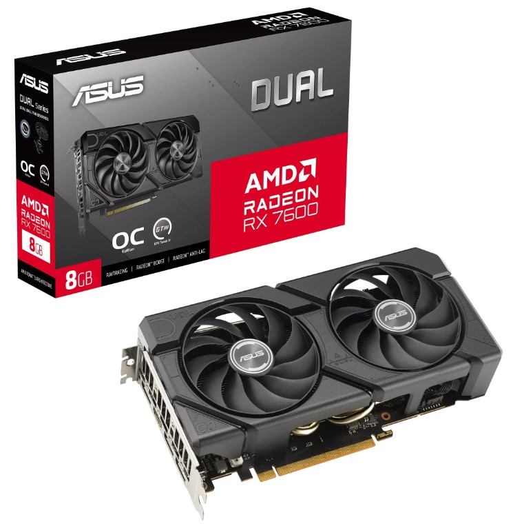 

Видеокарта PCI-E ASUS Radeon RX 7600 DUAL OC EVO (DUAL-RX7600-O8G-EVO) 90YV0LD0-M0NA00 8GB GDDR6 128bit 6nm 2715/18000MHz HDMI 3*DP, Radeon RX 7600 DUAL OC EVO (DUAL-RX7600-O8G-EVO)