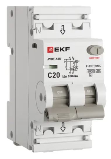 

Автомат дифференциальный EKF D63N26EA20C100 АВДТ-63N 1P+N 20А характеристика C 100мА тип A электронный 6кА PROXIMA, D63N26EA20C100