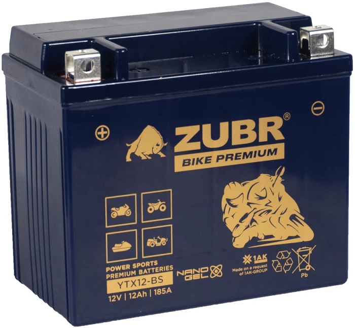 

Батарея ZUBR YTX12-BS (ZubrPrem) (12 Ач, 12 V) Прямая, L+ 150x86x130 (для мототехники), YTX12-BS (ZubrPrem)