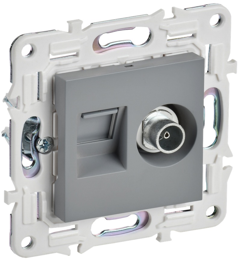 

Розетка комбинированная IEK SK-AK20-1-K03 SKANDY TV+RJ45 кат.5E SK-A14Gr серая, SK-AK20-1-K03