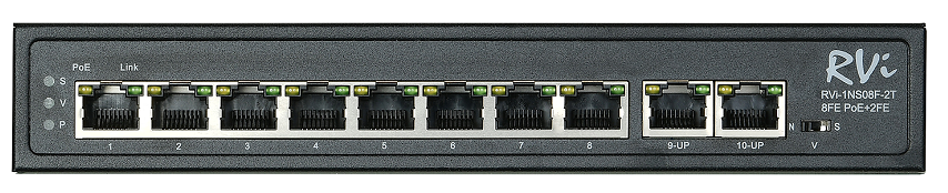 

Коммутатор RVi RVi-1NS08F-2T общее количество портов 10, PoE 8шт., суммарная мощность потребителей 120 Вт, RVi-1NS08F-2T