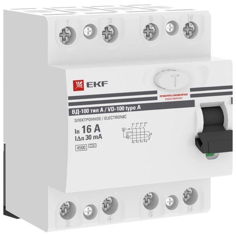 

УЗО EKF elcb-4-16-30-em-a-pro ВД-100 4P 16А 30мА тип А электромеханический 4,5кА PROXIMA, elcb-4-16-30-em-a-pro