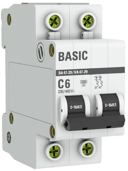 

Автоматический выключатель EKF mcb4729-2-06C 2P 6А (C) 4,5кА ВА 47-29, mcb4729-2-06C