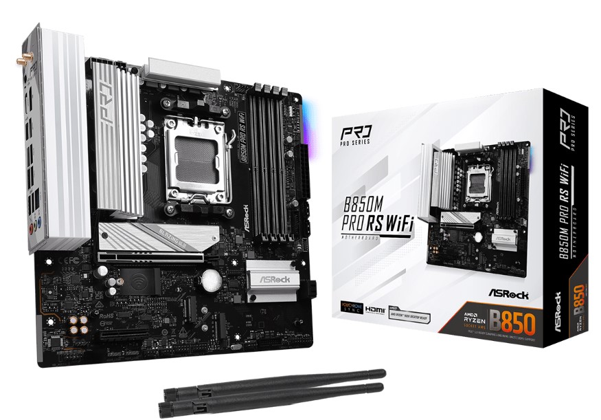 

Материнская плата mATX ASRock B850M PRO RS WIFI (AM5, AMD B850, 4*DDR5, 4*SATA, 3*M.2, 4*USB 2.0, 3*USB 3.2, USB Type-C, 2*PCIe, WiFi, BT, HDMI, DP), B850M PRO RS WIFI
