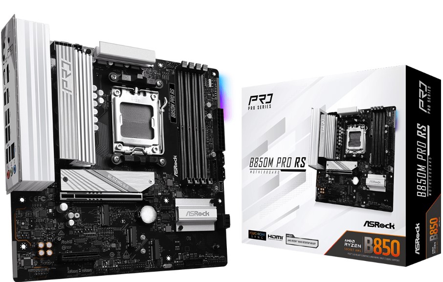 

Материнская плата mATX ASRock B850M PRO RS (AM5, AMD B850, 4*DDR5, 4*SATA, 3*M.2, 4*USB 2.0, 3*USB 3.2, USB Type-C, 2*PCIe, HDMI, DP), B850M PRO RS