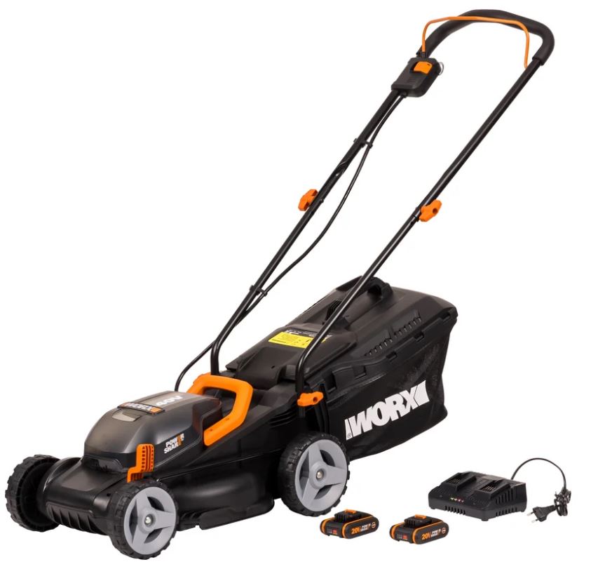 

Газонокосилка Worx WG779E аккумуляторная 40В, 34 см, 2х2,5 Ач, двойное ЗУ 2x2A, WG779E