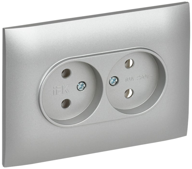 

Розетка двухместная без заземления в сборе IEK SK-R20-10-K23-F SKANDY без защитных шторок 10А SK-R10S серебряная, SK-R20-10-K23-F