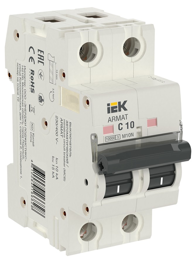 

Автоматический выключатель IEK AR-M10N-2-C010 ARMAT M10N 2P C 10А, AR-M10N-2-C010