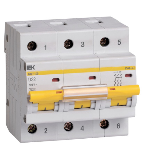 Изображение товара Автоматический выключатель IEK MVA40-3-032-D для защиты цепей 32 А 400 В серия KARAT ВА47-100
