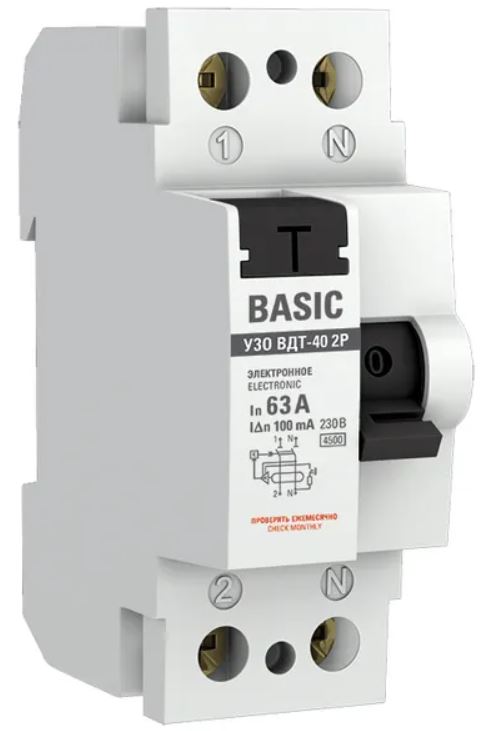 

УЗО EKF elcb-2-63-100e-sim ВДТ-40 2P 63А 100мА тип АС электронный 4,5кА BASIC, elcb-2-63-100e-sim