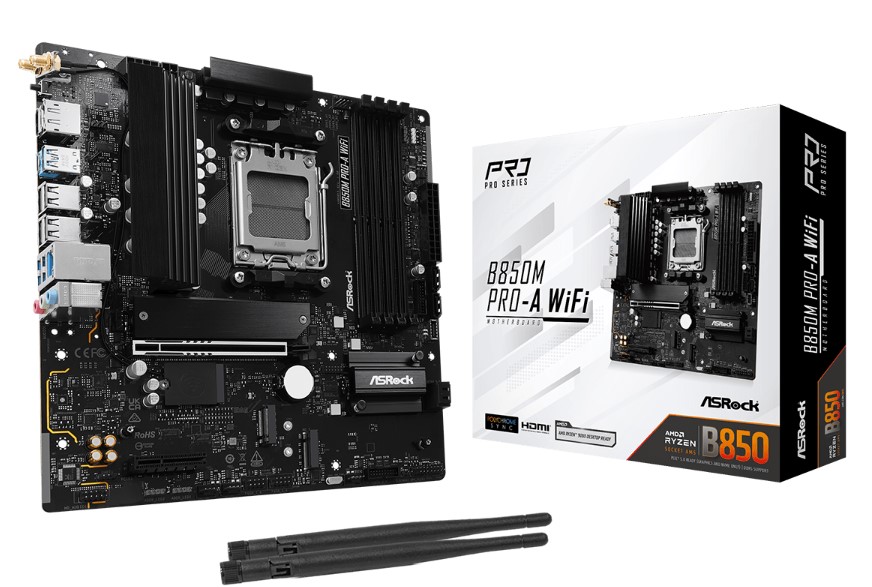 

Материнская плата mATX ASRock B850M PRO-A WIFI (AM5, AMD B850, 4*DDR5, 4*SATA, 4*M.2, 4*USB 2.0, 3*USB 3.2, 2*USB Type-C, 2*PCIe, WiFi, BT, HDMI, DP), B850M PRO-A WIFI