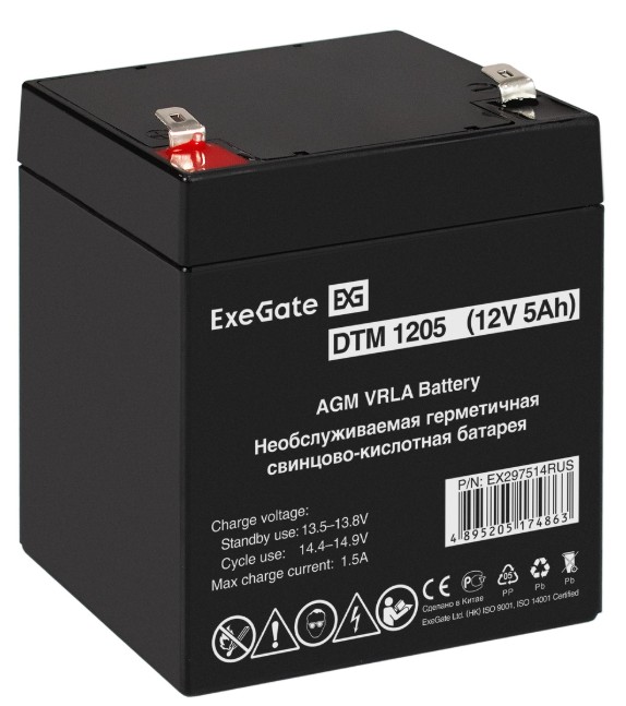 

Батарея аккумуляторная Exegate EX297514RUS DTM 1205 (12V 5Ah, клеммы F2), EX297514RUS