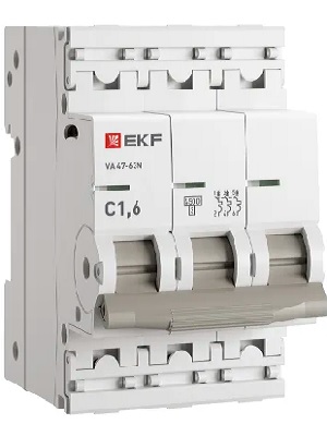 

Автоматический выключатель EKF M63431T6C 3P 1,6А (C) 4,5kA ВА 47-63N PROxima, M63431T6C