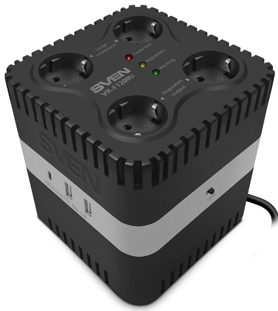 

Стабилизатор Sven VR-F1200U SV-022761 (330Вт,Входное 170-285В, 4 *CEE7/4 розеток, (2*AVR, 2*SF), 3*USB 2.4A), VR-F1200U