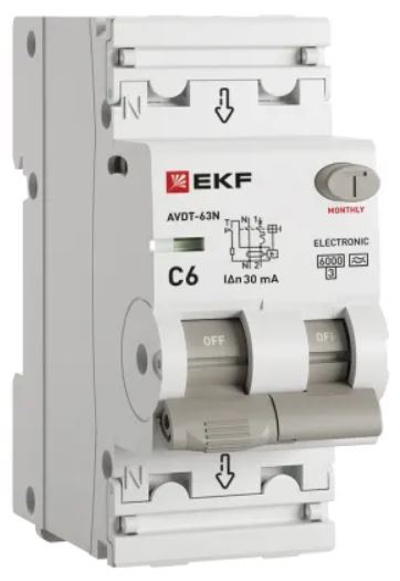 

Автомат дифференциальный EKF D63N26EA6C30 АВДТ-63N 1P+N 6А (C) 30мА (A) эл 6кА PROXIMA, D63N26EA6C30