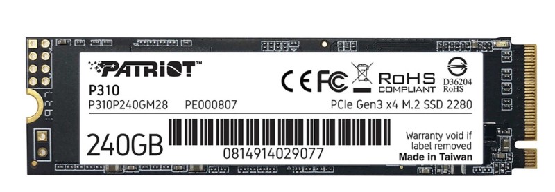 

Накопитель SSD M.2 2280 Patriot Memory P310 240GB, 1700/1000MB/s, 250K/280K IOPS, TBW 120, P310