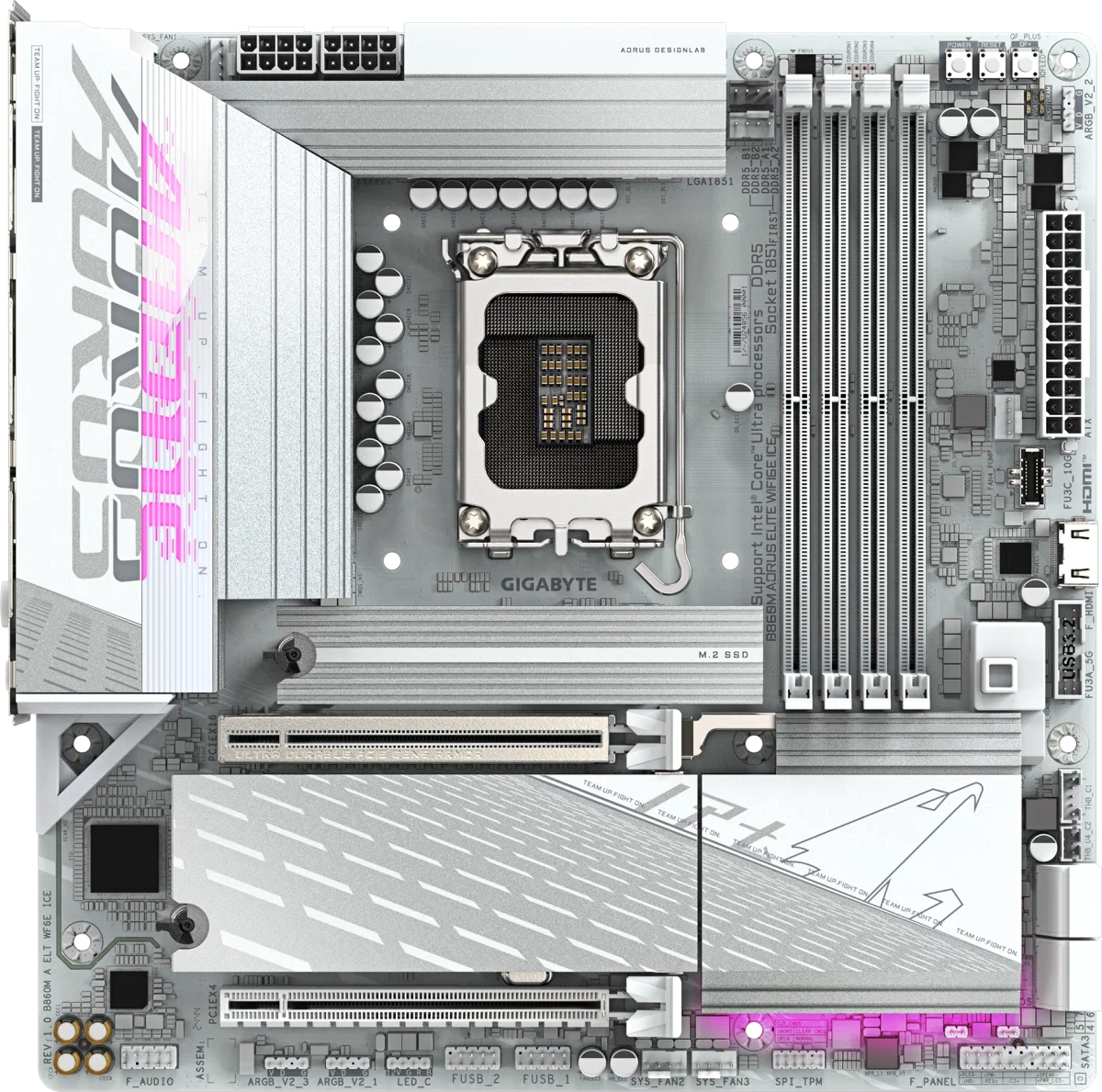 

Материнская плата mATX GIGABYTE B860M AORUS ELITE WIFI6E ICE (LGA1851, B860, 4*DDR5, 4*SATA, 3*M.2, 4*USB 2.0, 2*USB 3.2, 2*USB Type-C, HDMI, DP), B860M AORUS ELITE WIFI6E ICE