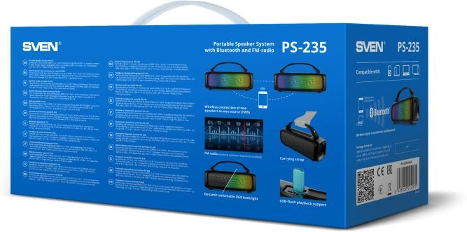 

Колонка портативная Sven PS-235 SV-022075 черная (12 Вт, TWS, Bluetooth, FM, USB, 1500мА*ч), PS-235