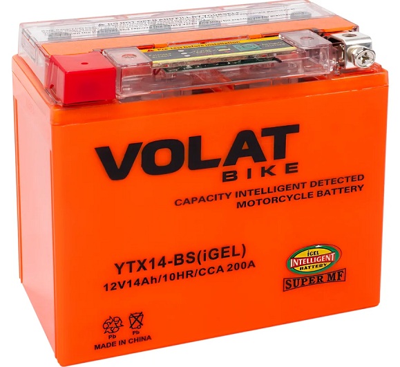 

Батарея VOLAT YTX14-BS(iGEL)Volat (14 Ач, 12 V) Прямая, L+ 150x87x145 (для мототехники), YTX14-BS(iGEL)Volat