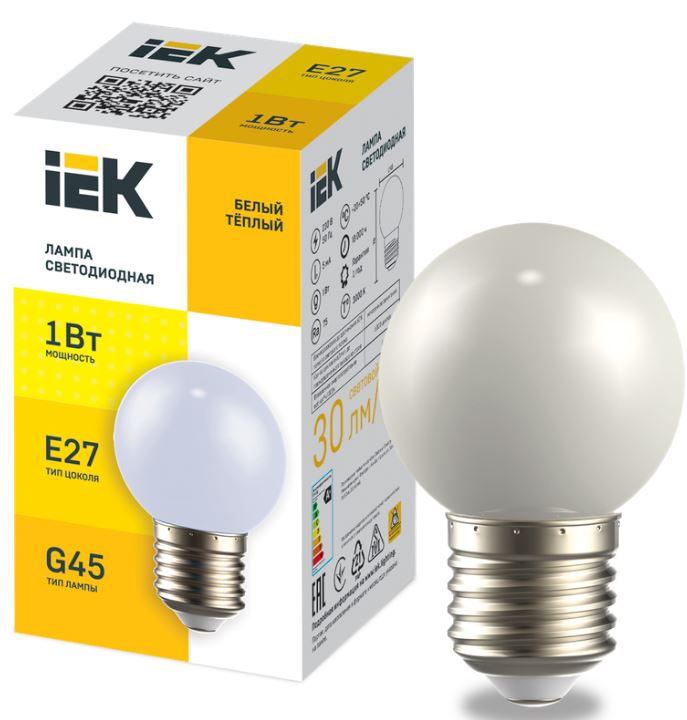 

Лампа светодиодная IEK LLE-G45-1-230-WW-E27 декоративная G45 шар 1Вт 230В теплый белый E27, LLE-G45-1-230-WW-E27