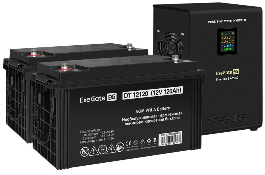 

Комплект Exegate FineSine SX-2000.LCD.AVR.2SH EX296602RUS ИБП EX296001RUS + батарея 120Aч EX282988RUS 2шт (инвертор, синус, для котла, настенный) 2000, FineSine SX-2000.LCD.AVR.2SH