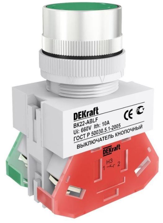 

Выключатель DEKraft 25013DEK кнопочный ABLF D=22мм 220В зеленый, 25013DEK