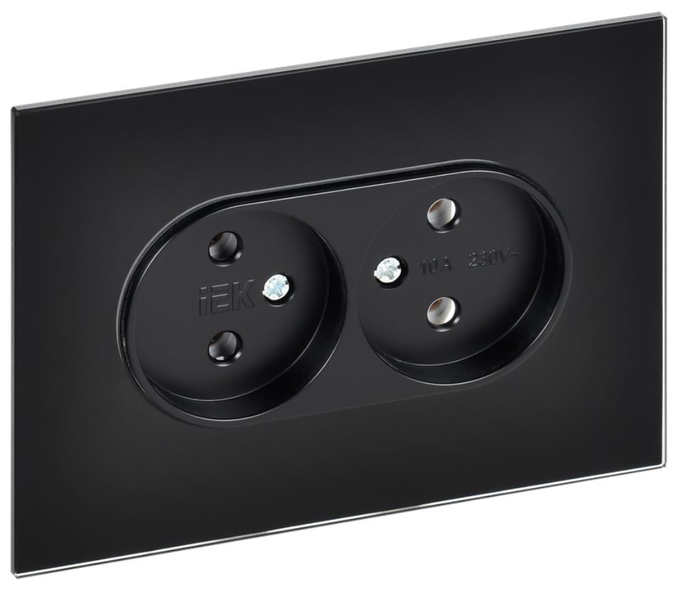 

Розетка двухместная без заземления IEK SK-R20-10-K02 SKANDY без защитных шторок Стекло 10А SK-R03Bl Черный, SK-R20-10-K02