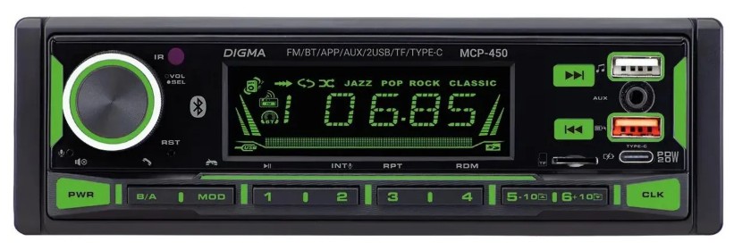 

Автомагнитола Digma MCP-450 1DIN 4x45Вт v5.0 USB 2.0 AUX 4 ПДУ, MCP-450