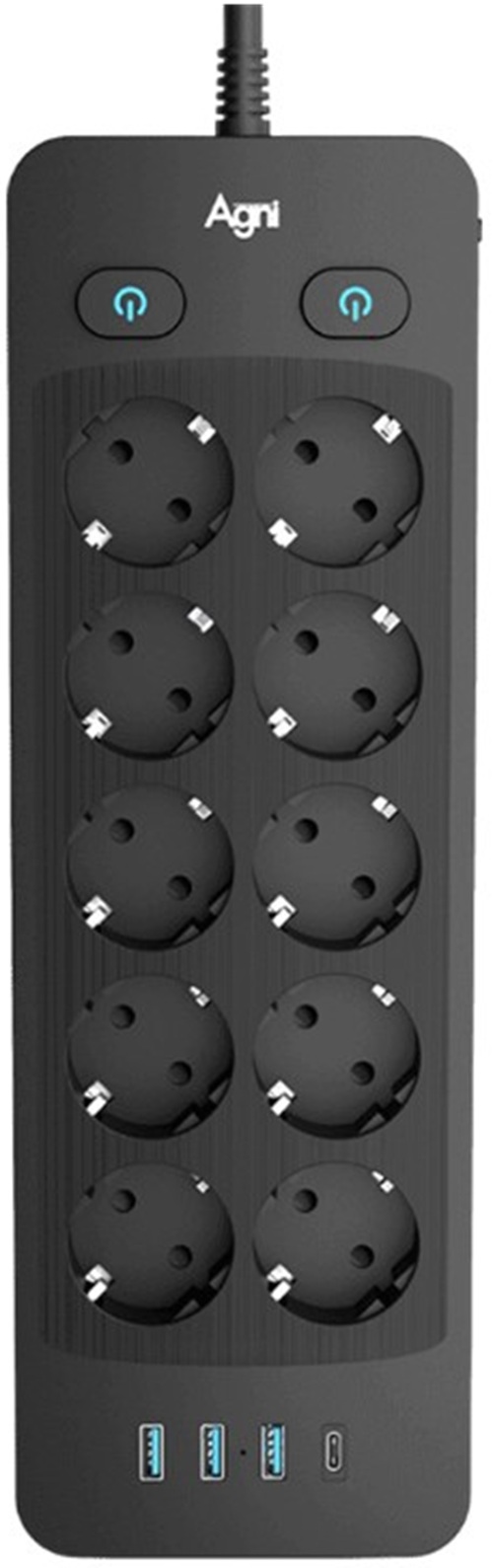 Сетевой фильтр AGNI TP-FO4U10E-C-5m-black 10 розеток, 16А, 4000Вт, 220-250В, 5 м, 3x1,5mm2, 3*USB, Type-C, черный