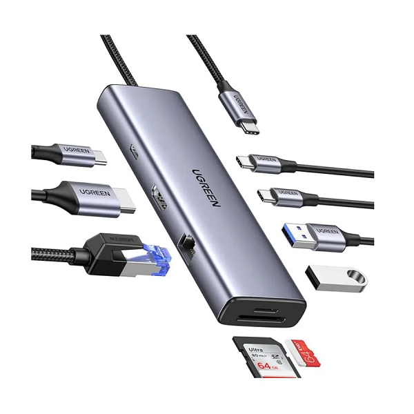 

Конвертер UGREEN CM498 15375_ USB-C to 2*USB3.0+2*USB-C+HDMI+RJ45+SD&TF +PD port Converter. Цвет: серый, CM498