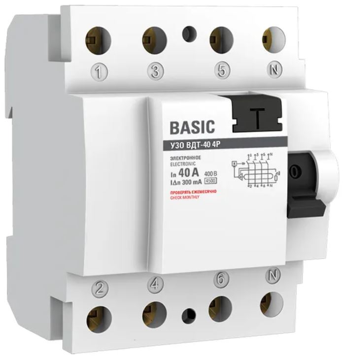 

УЗО EKF elcb-4-40-300e-sim ВДТ-40 4P 40А 300мА тип АС электронный 4,5кА BASIC, elcb-4-40-300e-sim
