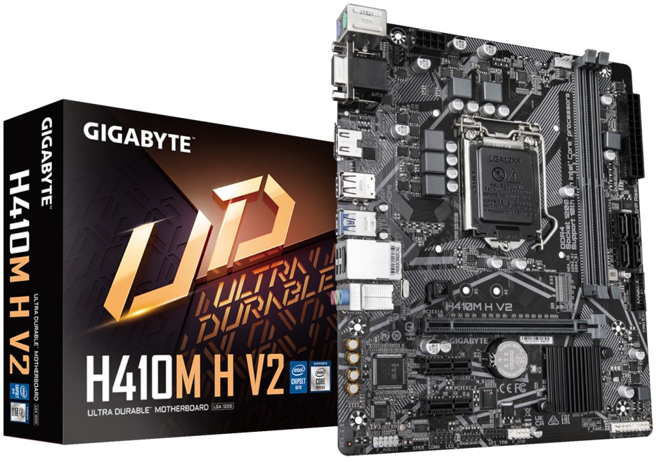 

Материнская плата mATX GIGABYTE H410M H V2 2.1 (LGA1200, Q470E, 2*DDR4 (2933), 4*SATA RAID, M.2, 3*PCIe, HDMI, 2*USB 3.1, 4*USB 2.0) RTL, H410M H V2 2.1