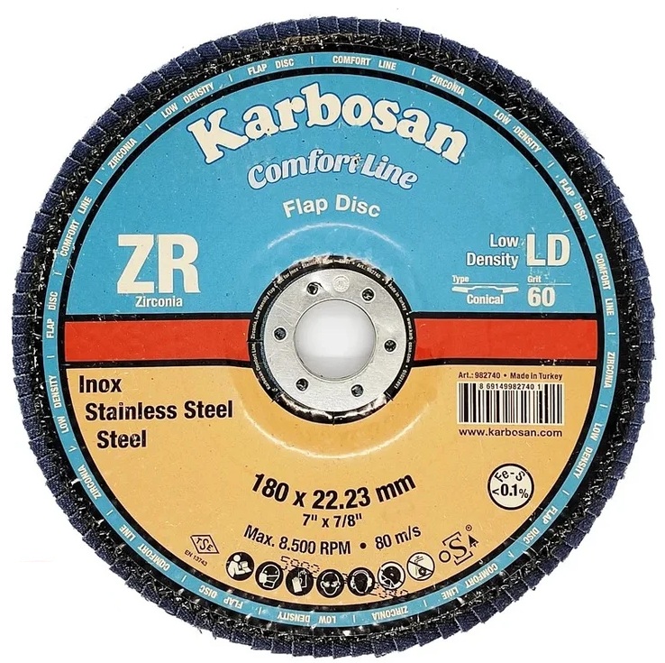 

Круг лепестковый ООО САМ KAR-982740-10 Karbosan КЛТ 180х22/Р60 Comfort Line ZR LD Flap Конический INOX 10шт, KAR-982740-10