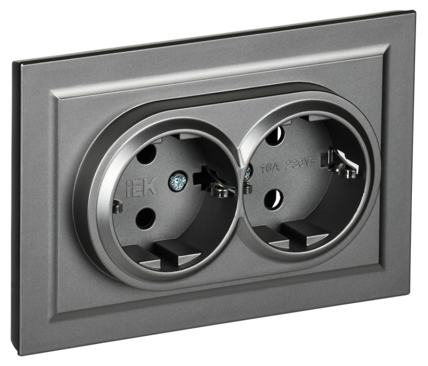 

Розетка двухместная с заземлением в сборе IEK BR-R21-16-K46-F BRITE без защитных шторок 16А РС12-3-БрС Сталь, BR-R21-16-K46-F