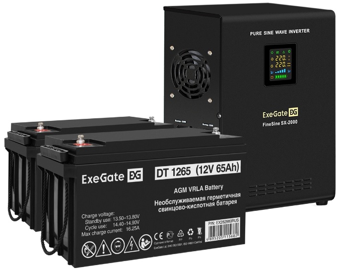 

Комплект Exegate FineSine SX-2000.LCD.AVR.2SH EX296594RUS ИБП EX296001RUS + батарея 65Aч EX282980RUS 2шт (инвертор, синус, для котла, настенный) 2000V, FineSine SX-2000.LCD.AVR.2SH