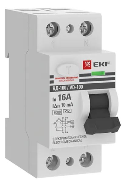 

УЗО EKF elcb-2-6-16-10-em-pro ВД-100 2P 16А 10мА тип АС электромеханический 6кА PROXIMA, elcb-2-6-16-10-em-pro